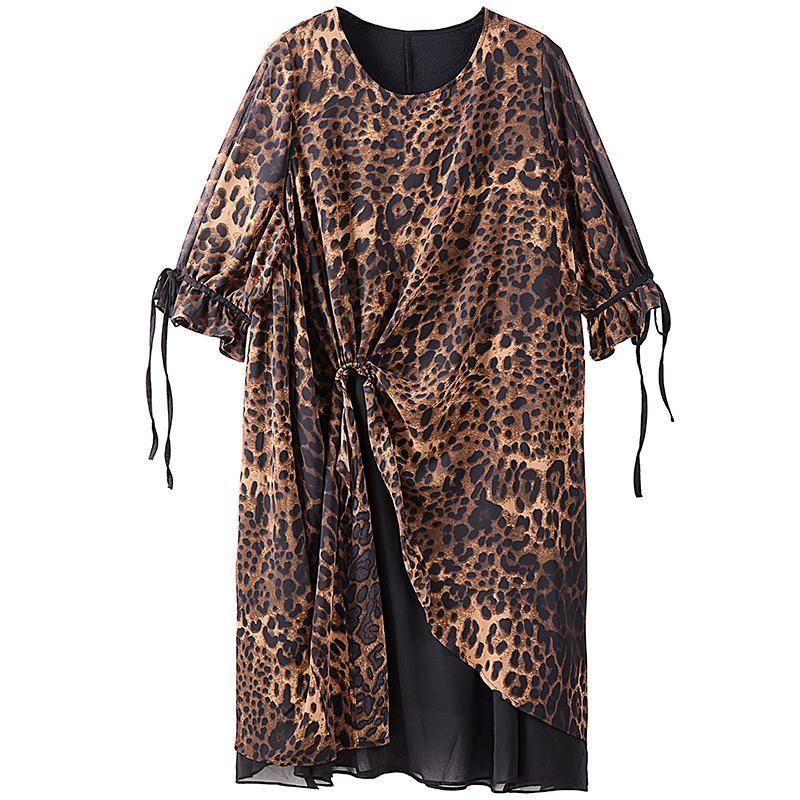 Leopard Print Lacing Ruffles Spliced Chiffon Polyester Dress - Omychic