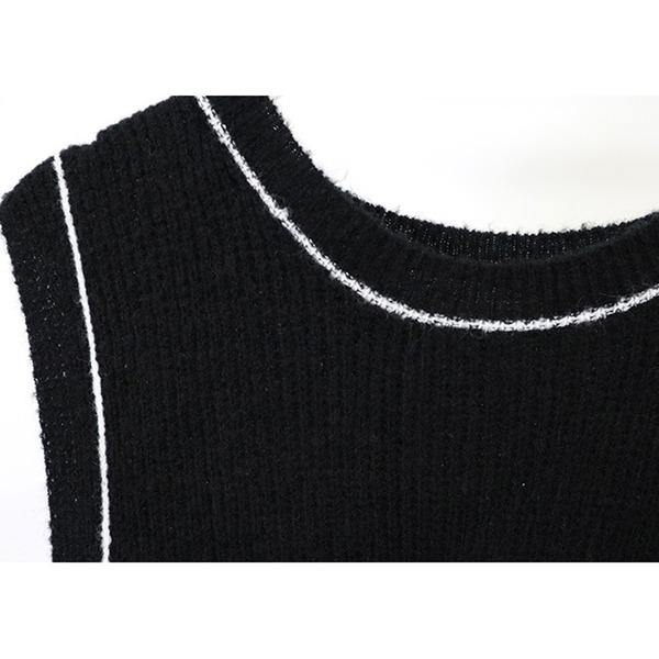 Patchwork Striped Casual Sweater Women Winter Tide Fashion Style O Neck Collar Sleeveless Pullover Slim Side Split - Omychic