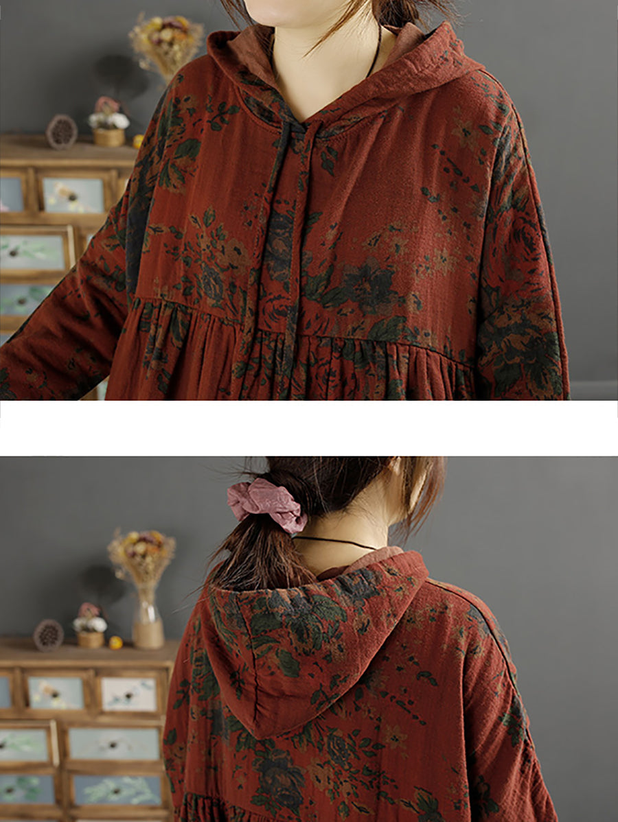 Loose Retro Floral Shirred Hooded Dress Long Sleeve