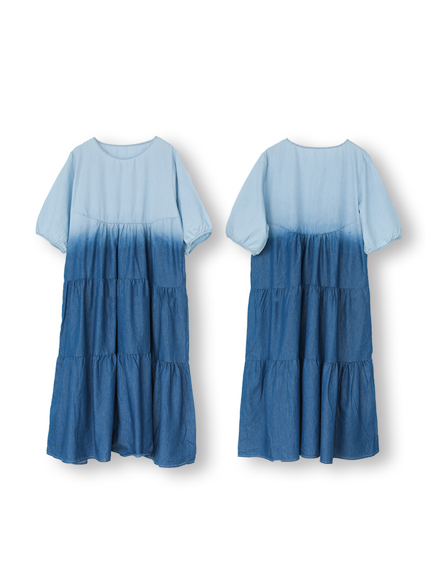 Women Summer Casual Gradient Pleated Loose Denim Dress