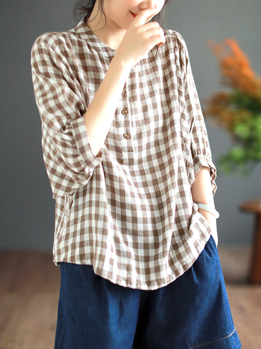 Retro Plaid Button Batwing Sleeve Cotton Shirt