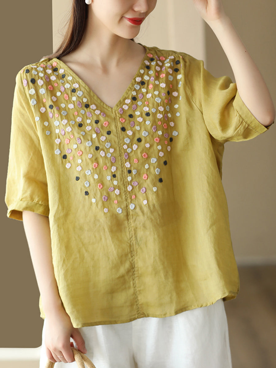 Women Summer Flower Embroidery V-Neck Ramie Tops