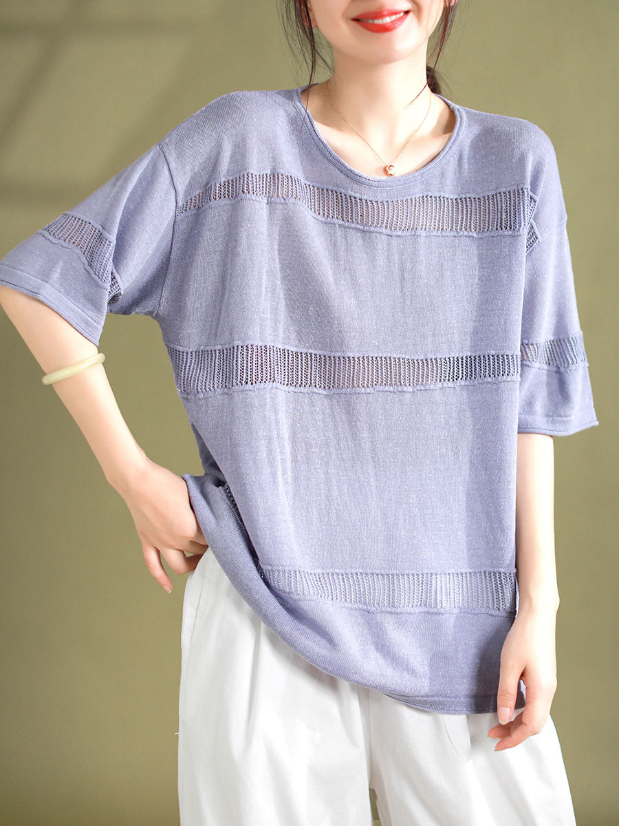 Women Summer Artsy Solid Hollow Out Knitted Linen Shirt