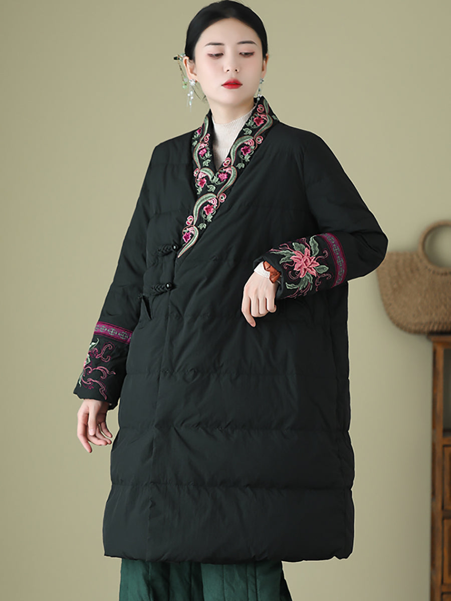 Women Winter Ethnic Embroidery Long Down Coat