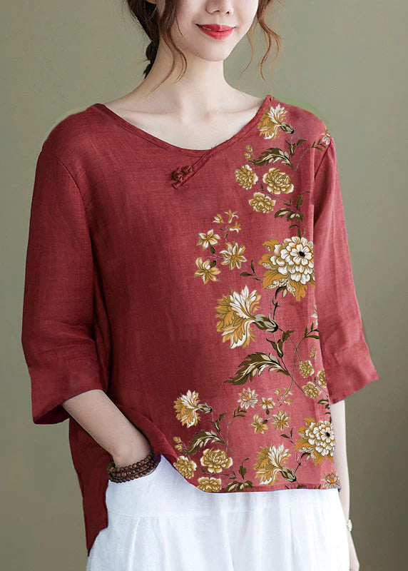 DIY purple-hem flower Embroideried side open Half Sleeve Top