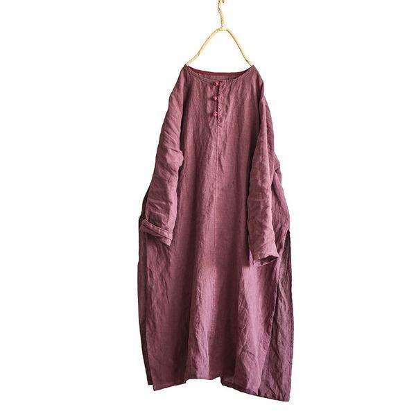 Spring Autumn Linen Dress Ladies Vintage Embroidered Dress Female 2020 Solid Color Dresses - Omychic