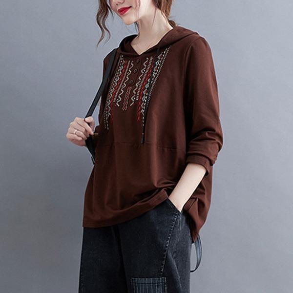 New Arrival 2020 Simple Style Vintage Embroidery Loose Female Long Sleeve Hoodies - Omychic