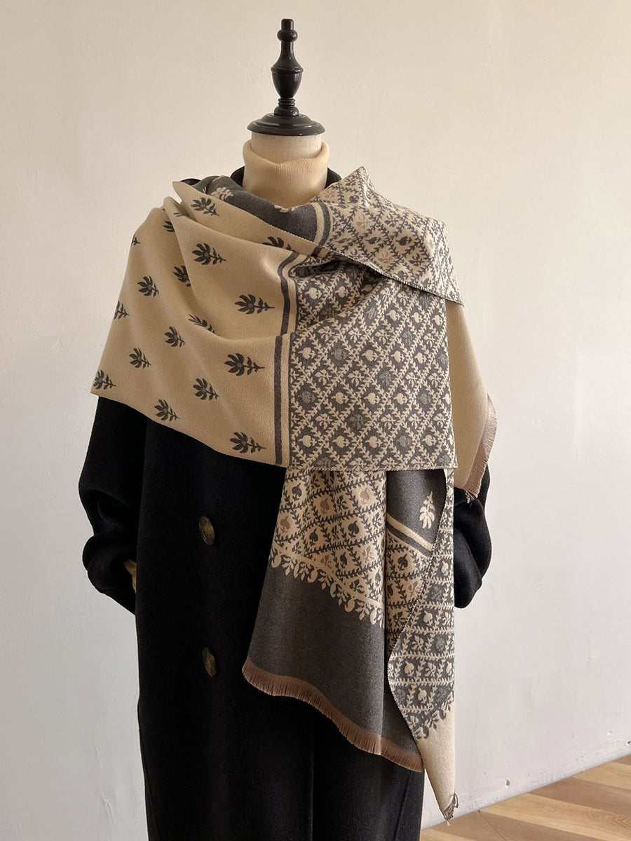 Women Winter Dual-side Print Tassel Scarf Shawl