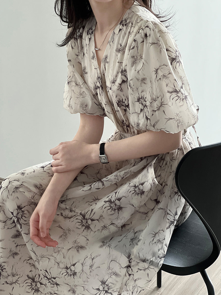 Vintage Floral V-Neck Puff Sleeve Loose Dress