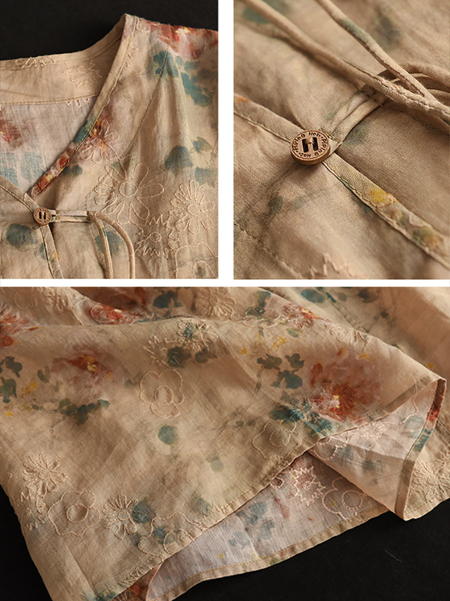 Flower Print National Drawstring Pleated Ramie Dress