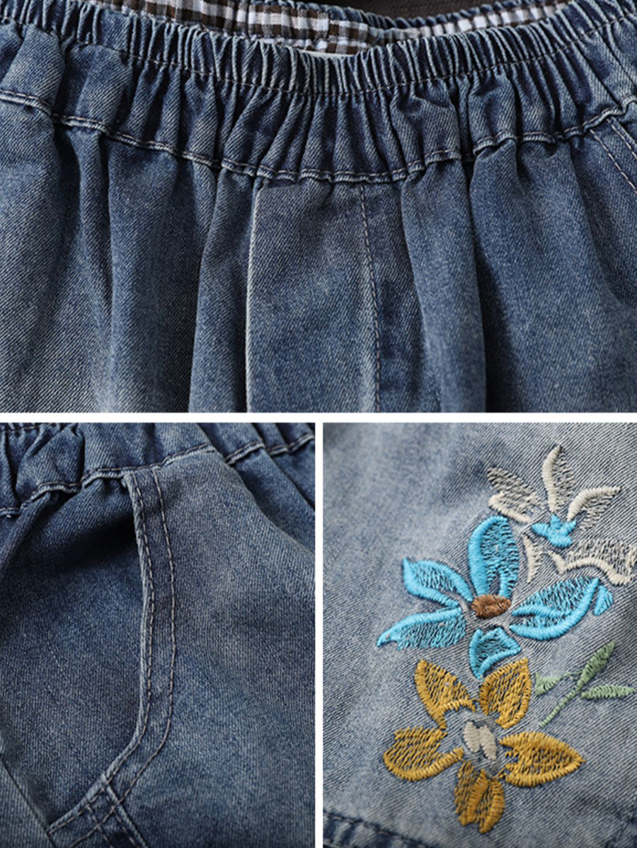 Casual Vintage Flower Embroidery Denim Harem Pants