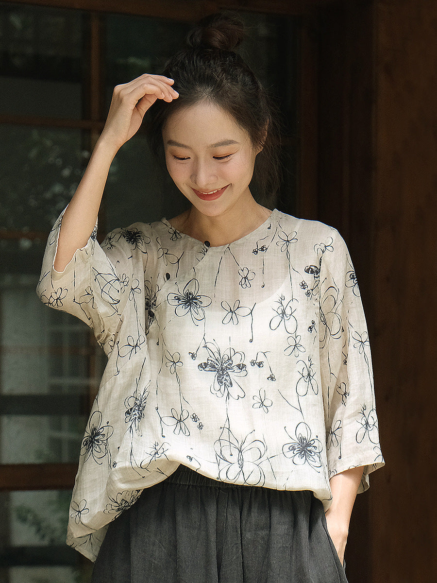 Women Summer Vintage Flower Button Ramie Shirt