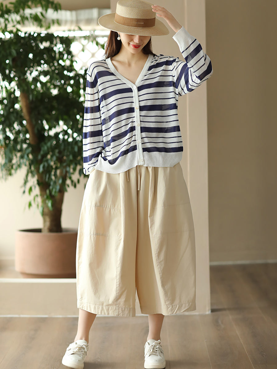 Women Summer Stripe Casual Knitted Linen Cardigan Shirt