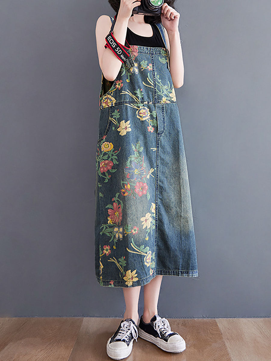 Casual Summer Flower Spliced Pocket Suspengder Dress