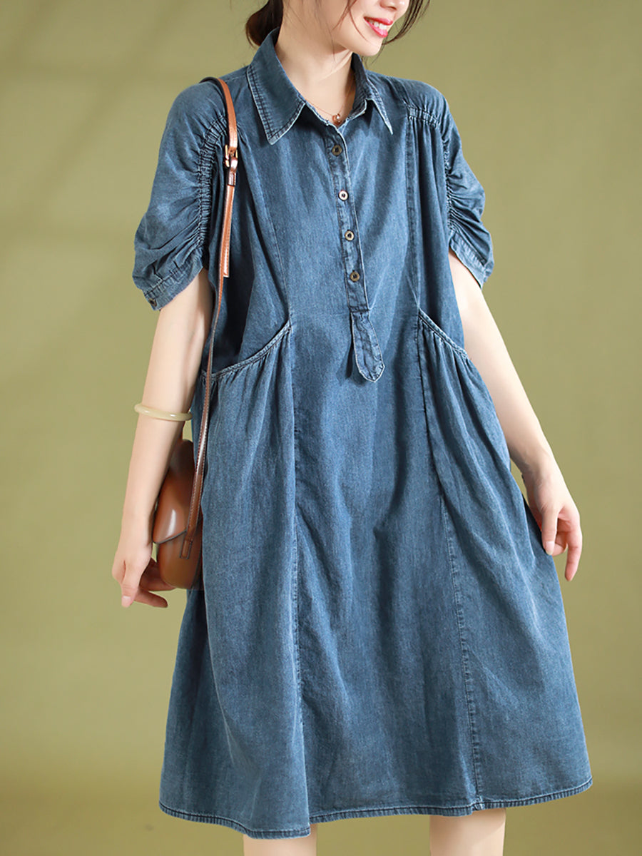 Women Summer Retro Pocket Stitching Button Denim Dress