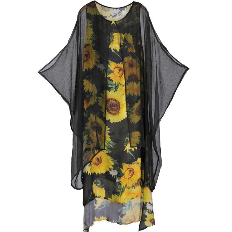 Summer Fake Two Pieces Yellow Flower Printed Bat Sleeve Dress - Omychic