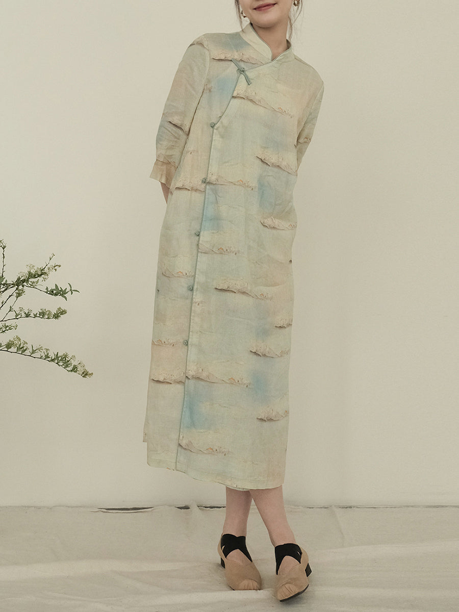 Vintage Print National Cotton Long Robe Dress