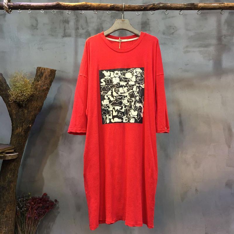 Round Neck Printing Casual Loose Red Dress - Omychic
