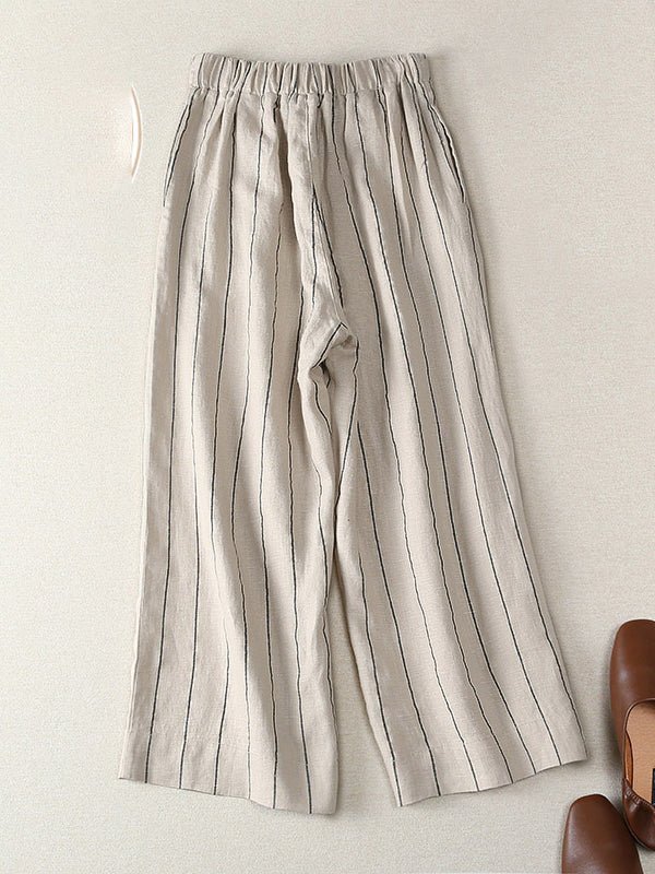 Loose Casual Linen Lace-up Elastic Striped Pants