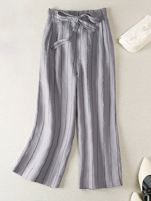 Loose Casual Linen Lace-up Elastic Striped Pants