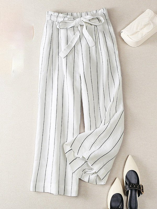 Loose Casual Linen Lace-up Elastic Striped Pants