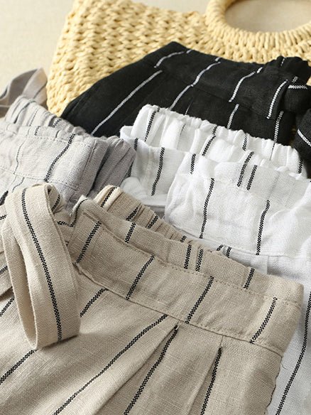 Loose Casual Linen Lace-up Elastic Striped Pants