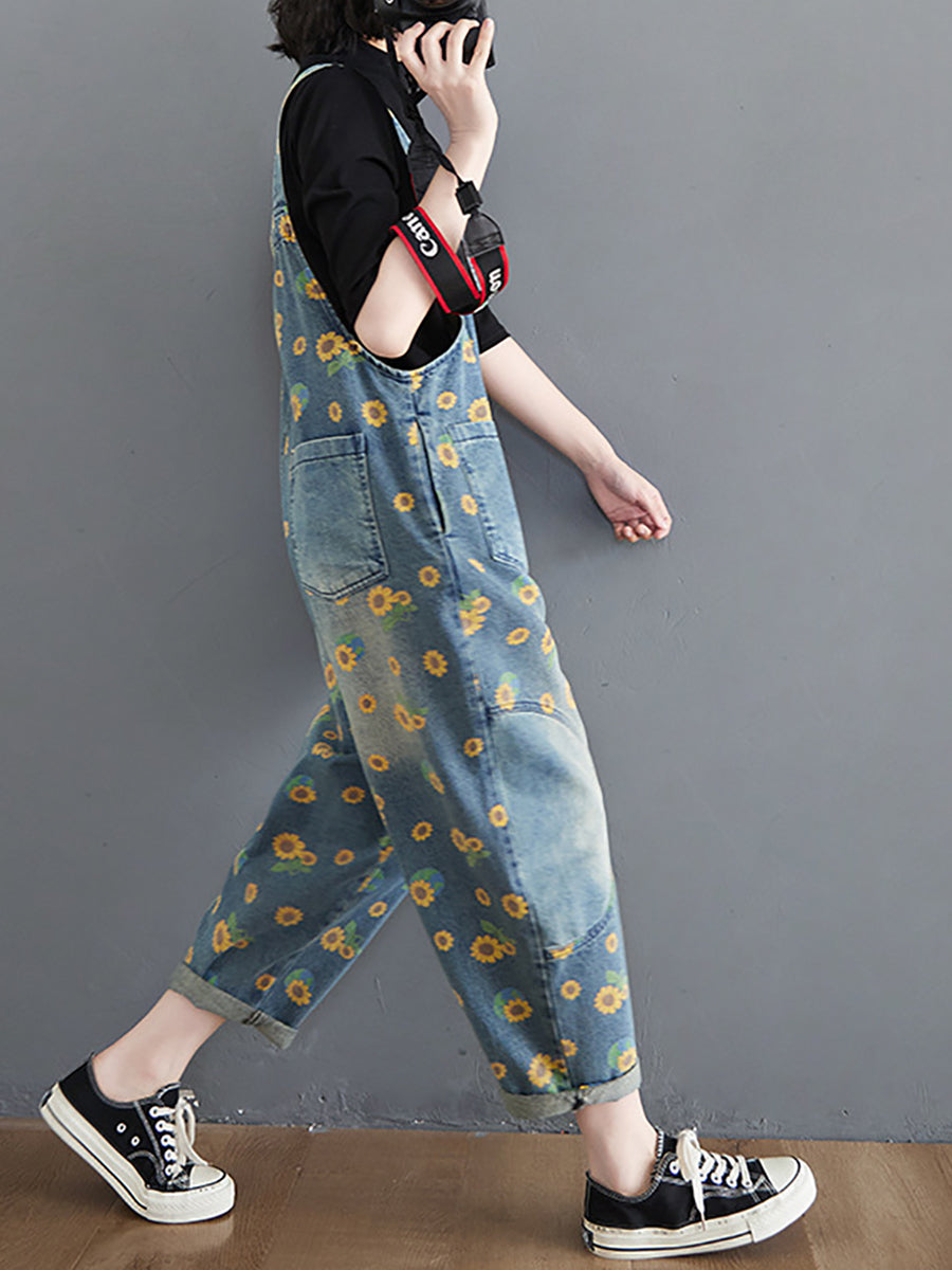 Vintage Sunflower Worn Pocket Denim Jumpsuits Summer
