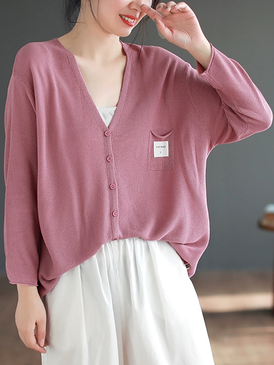 Loose Solid Knitted Sun-proof Cardigan With Pockets
