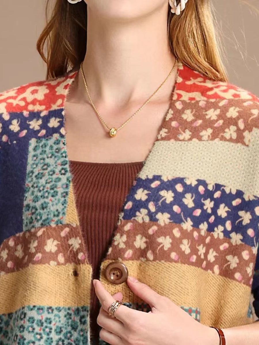 Women Flower Patch Spliced Winter Cardigan Sweater