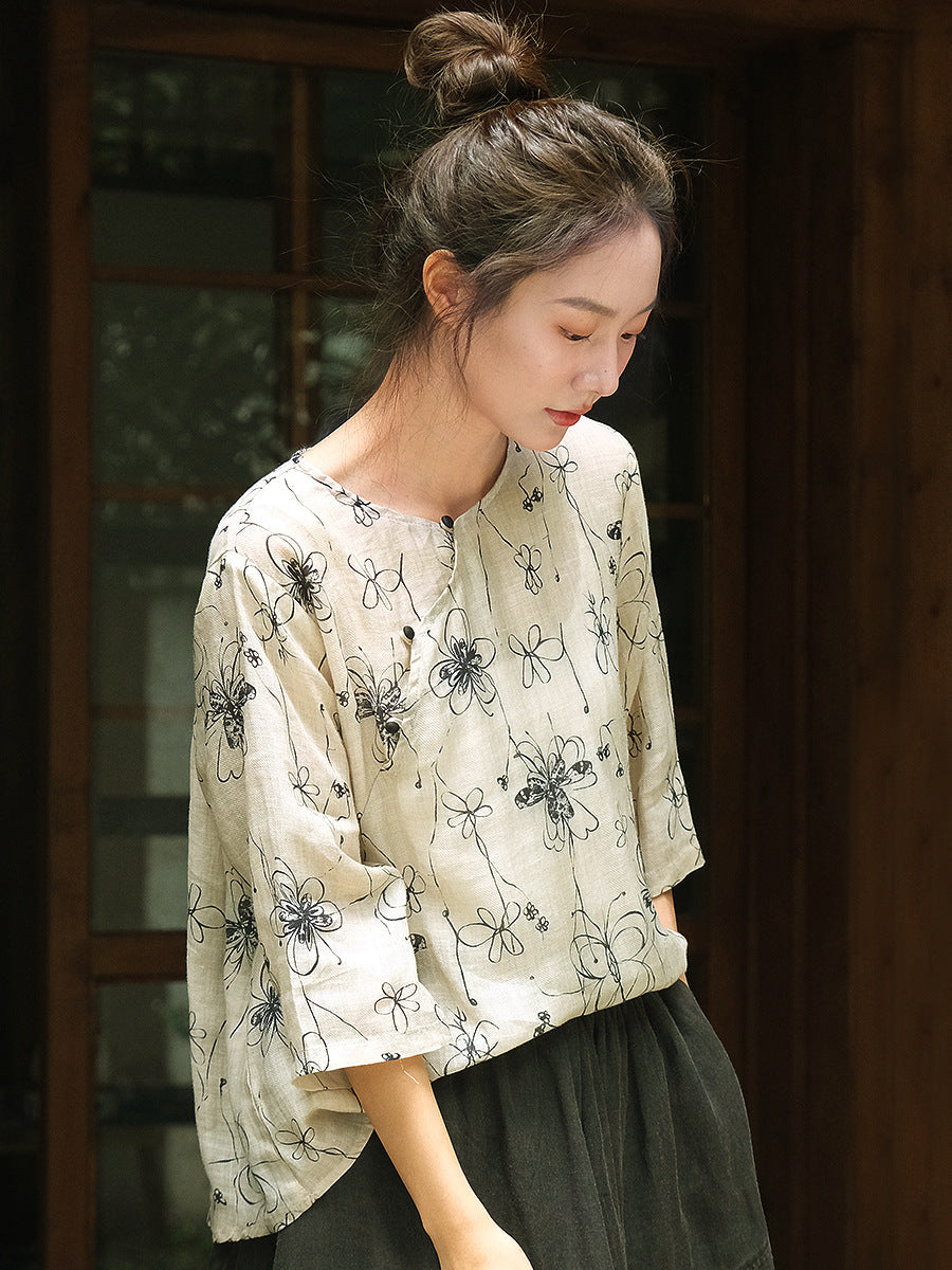 Women Summer Vintage Flower Button Ramie Shirt