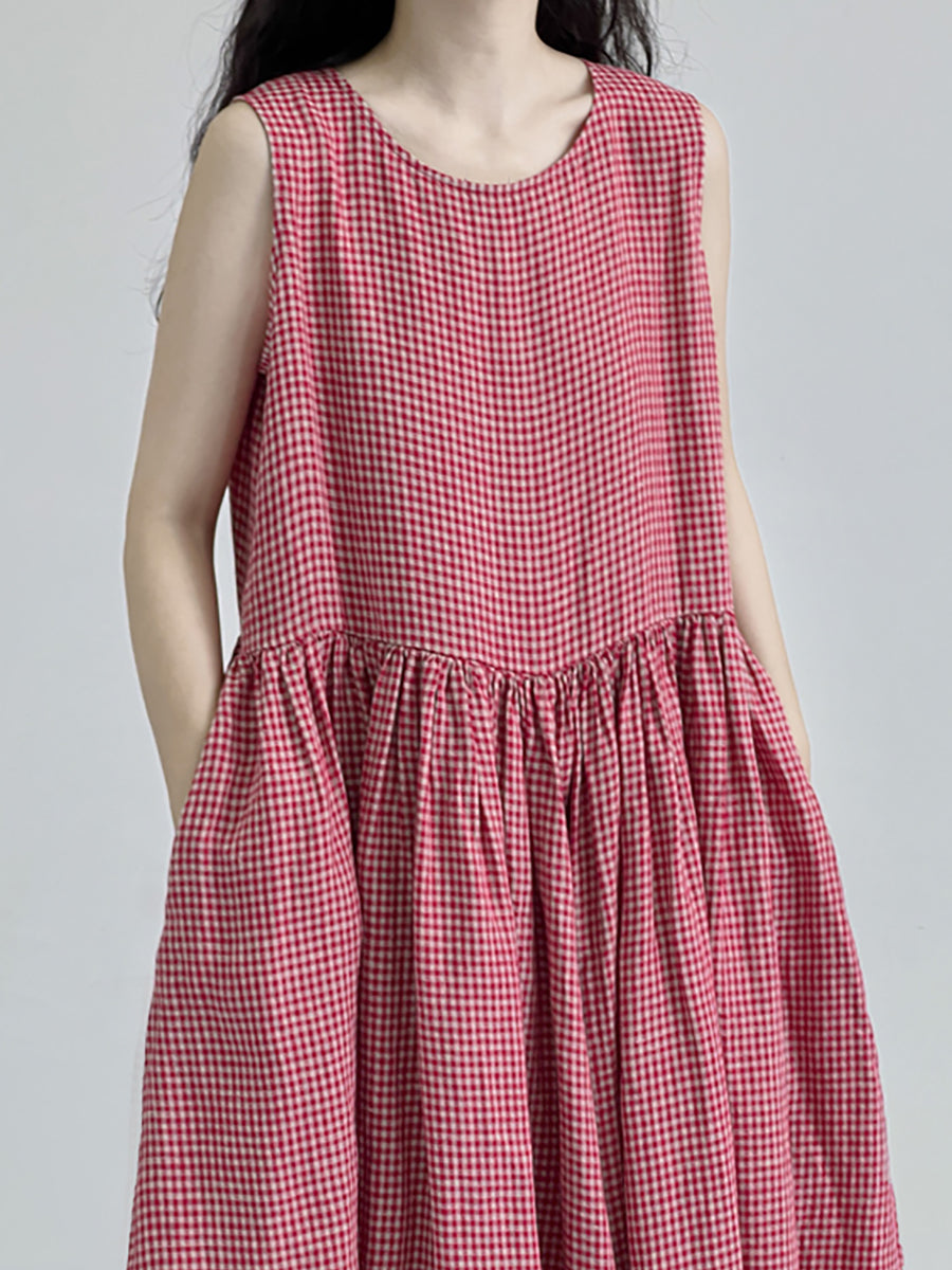 Summer Casual Plaid Pleated Loose Linen Dress
