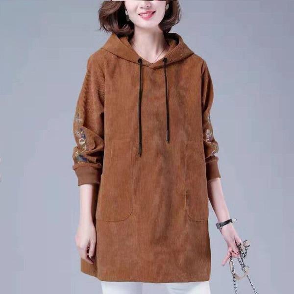 Winter Casual Hooded Sweatshirt New 2020 Vintage Corduroy Floral Embroidery Female Pullover - Omychic