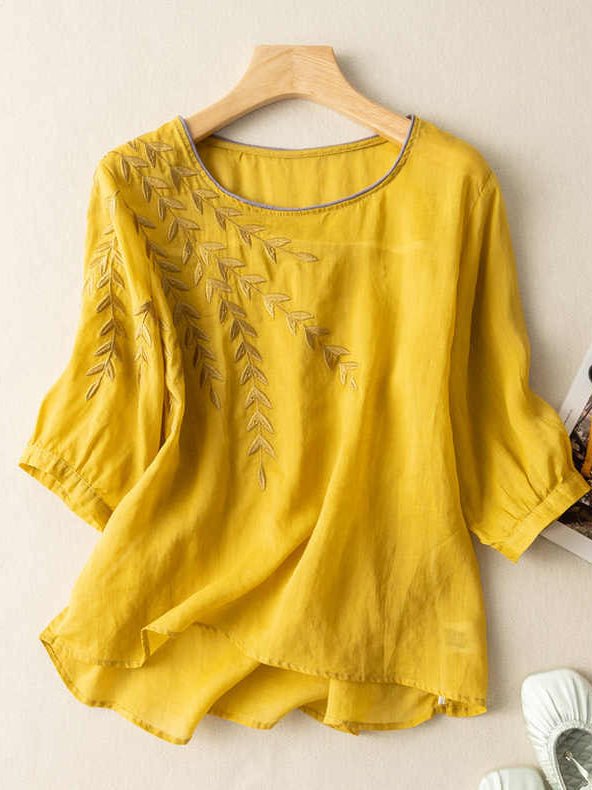 Embroidery Cotton And Linen T Shirt Short Sleeve