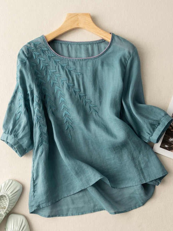 Embroidery Cotton And Linen T Shirt Short Sleeve