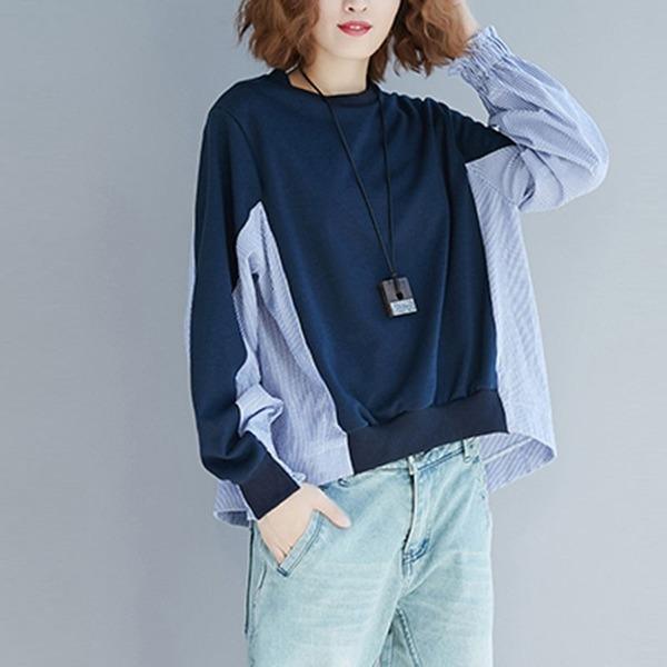 Oversized Women Autumn Casual Sweatshirt  Patchwork Striped Loose Comfortable Female Pullovers Tops - Omychic