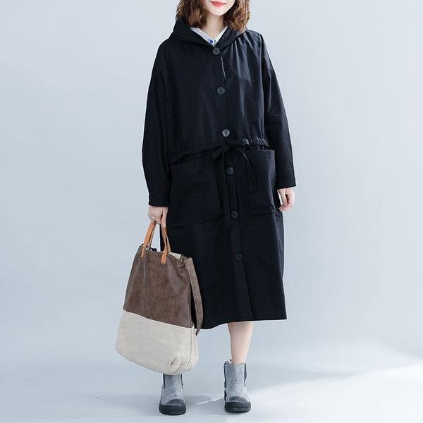 Black Casual Trench For Women Bandage Coats Hooded Button Pockets Loose Women Cloths - Omychic