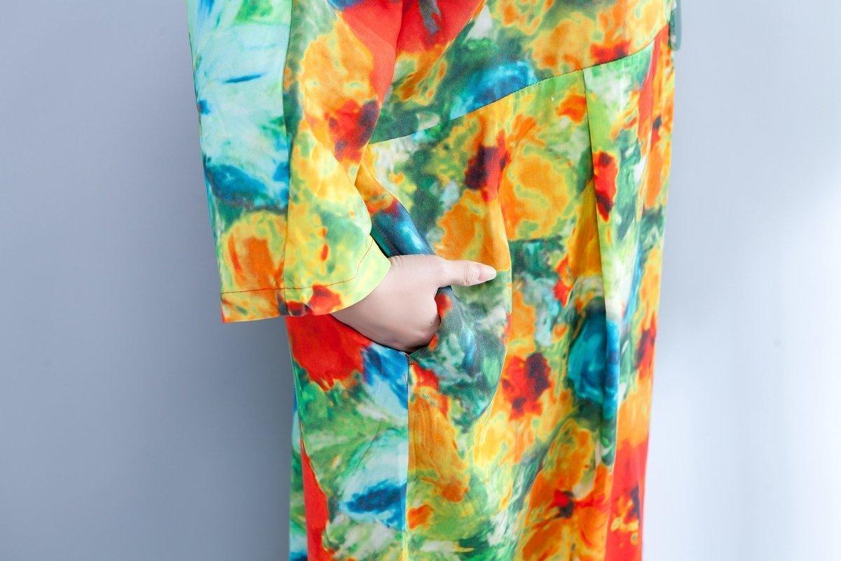 Colorful Printed Round Neck Long Sleeve Spring Dress - Omychic