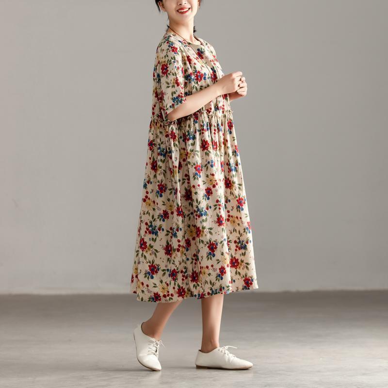 Casual Short Sleeve Pockets Floral Lacing Pleated Dress - Omychic