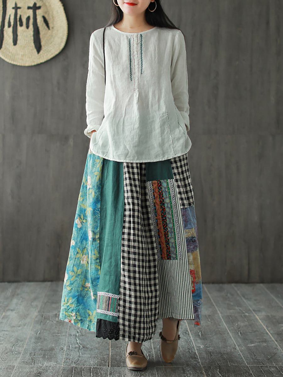 Irregular Print Spliced Plus Size Casual 100% Linen A-line Skirt