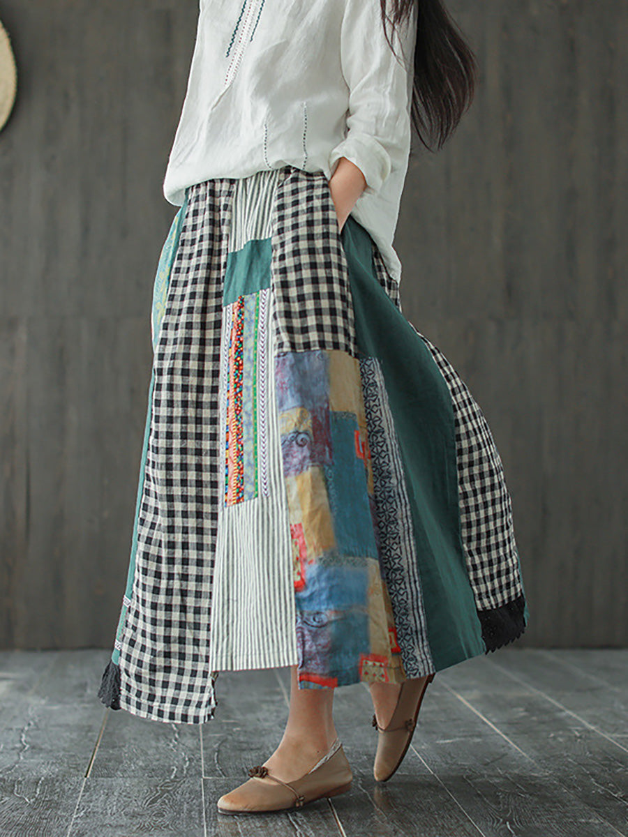 Irregular Print Spliced Plus Size Casual 100% Linen A-line Skirt