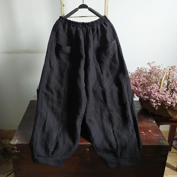 Loose Linen Solid Color Elastic Waist Pants Ladies Flax Vintage Trousers - Omychic