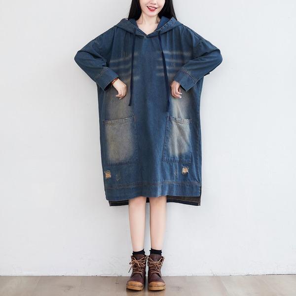 Denim Hooded Dress Ladies Bleached Ripped Irregular Length Denim Dresses Female 2020 Scratched Dress - Omychic