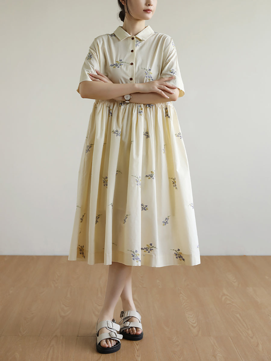 Casual Flower Embroidery Polo Collar Button Pleated Dress