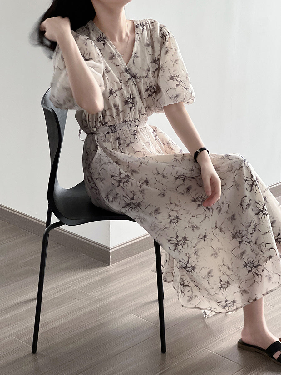 Vintage Floral V-Neck Puff Sleeve Loose Dress