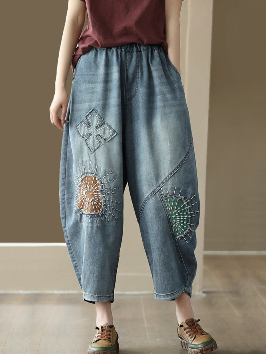 Casual Retro Patch Stitching Pocket Denim Pants