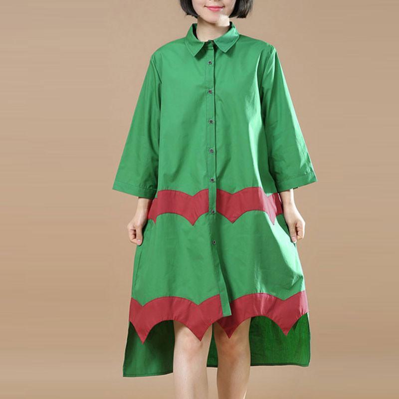 Women Vintage Casual Splicing Summer Irregular Green Shirt Dress - Omychic