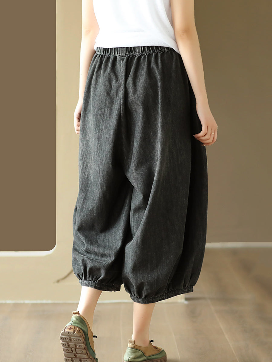 Casual Solid Color Drawstring Pocket Denim Harem Pants