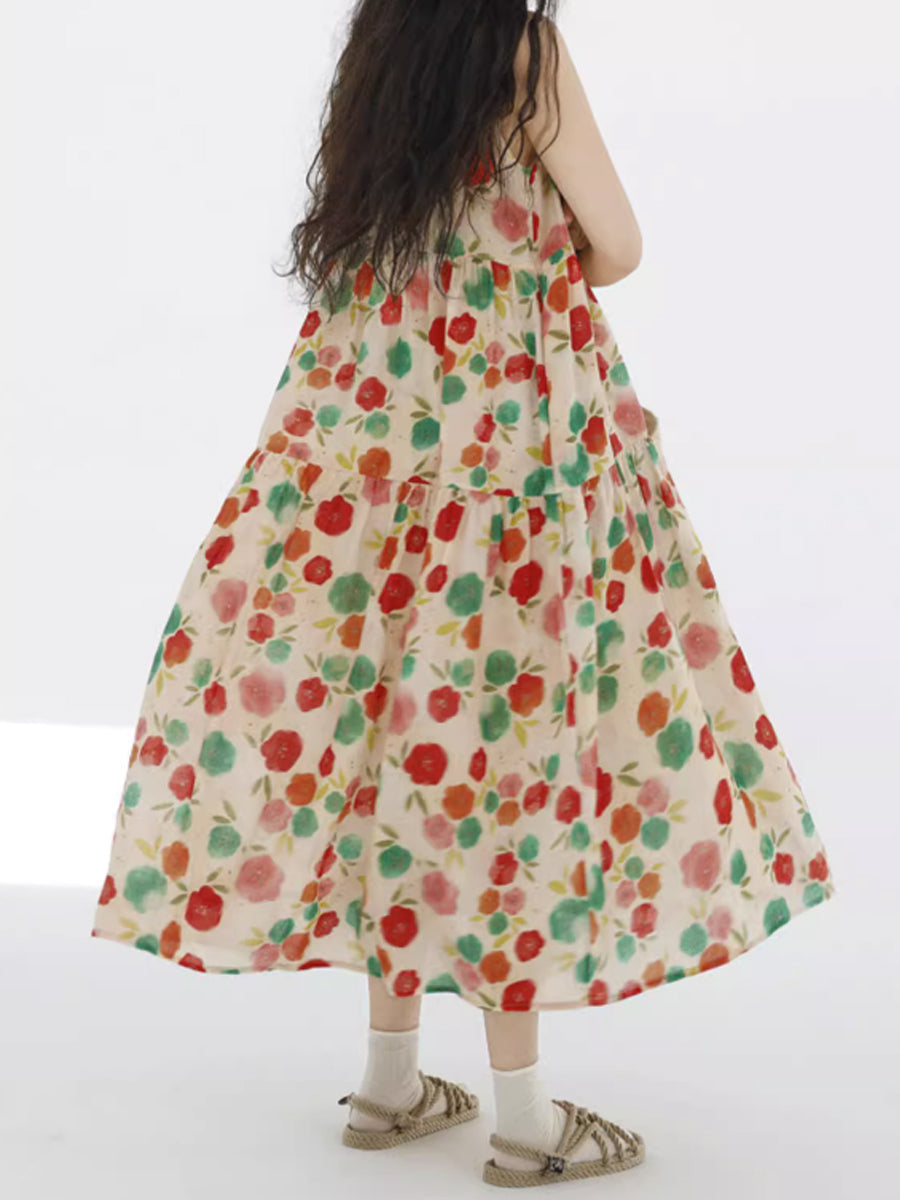 Cute O-Neck Flower Spliced Pleated Vest Dress