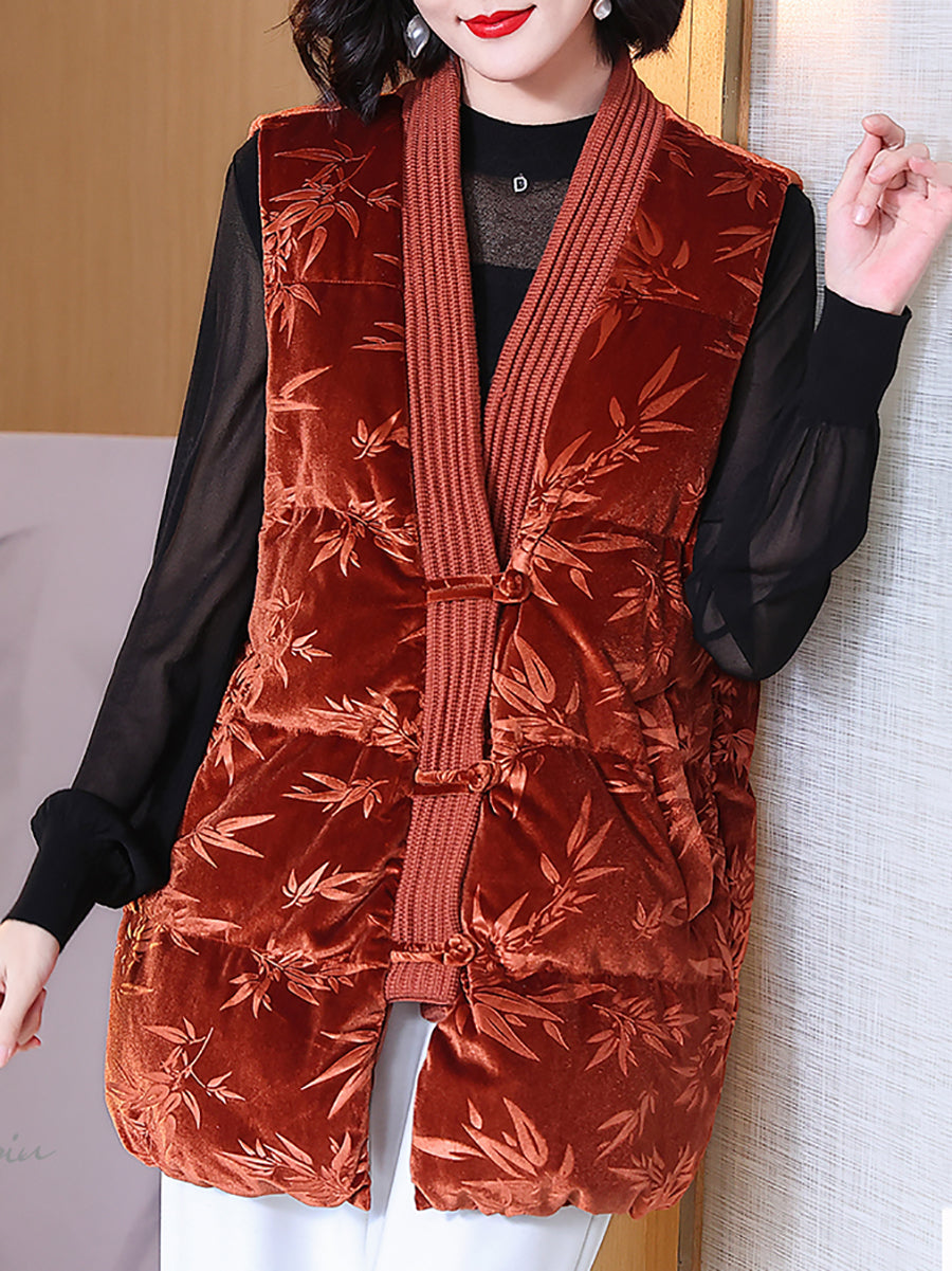 Women Vintage Leaf Print Fleece Vest Down Coat