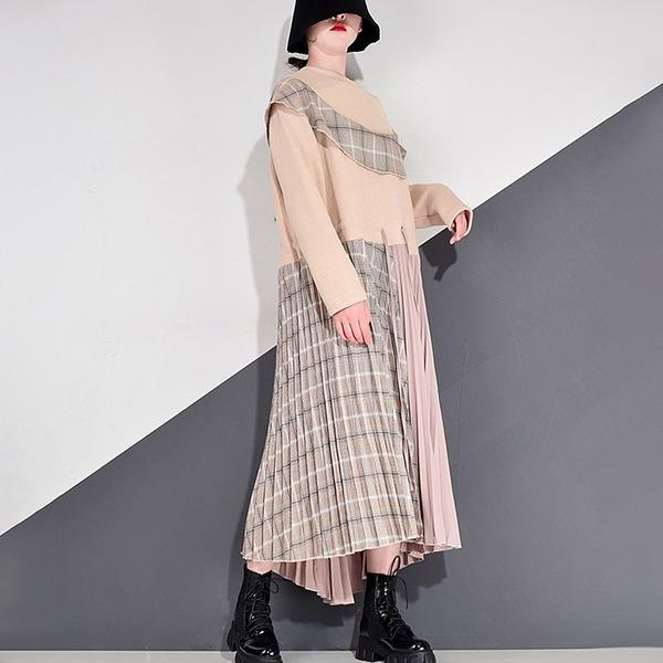 Patchwork Plaid Pleated Dress Women Winter Trendy Fashion New Style O Neck Pullover - Omychic